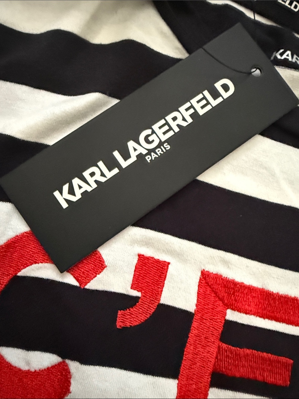 Karl Lagerfeld C’est Moi Black & White Striped Short Sleeve Tee with Red Graphic - Picture 2 of 8